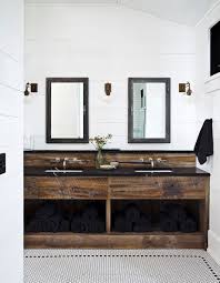 Black And White Bathroom Vanity Ideas Black And White Pattern Tile Dark Wood Vanity With Black Countertop Wall Mounted Sink H Rustic Bathroom Vanities Farmhouse Bathroom Bathroom Remodel Master