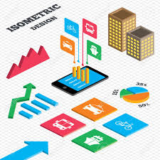 Isometric Design Graph And Pie Chart Transport Icons Taxi