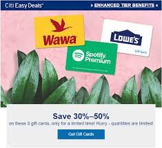 Shop gift cards from 300+ retailers. Citi Easy Deals Save 33 50 On Giftcards For Lowe S Wawa Spotify Citi Simplicity Diamond Preferred Only Doctor Of Credit