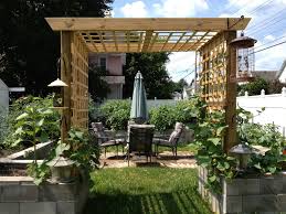 I Like The Idea Of A Pergola Over A Patio With Raised Planting Beds Around Perhaps Make An Cinder Block Garden Small Backyard Landscaping Diy Garden Trellis