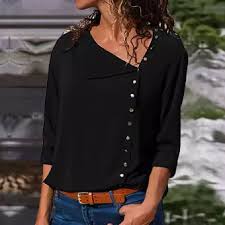 2019 New Womens Casual Lapel Neck T Shirt Ladies Long Sleeve Buckle Blouse Tops