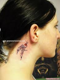 Traditional feather tattoo behind ear. Beautiful Feather Tattoos Behind Ear