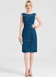 Sheath Column Scoop Neck Knee Length Chiffon Cocktail Dress With Cascading Ruffles 016140390 Dresses Cocktail Bridesmaid Dresses Blue Evening Dresses