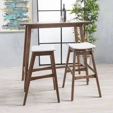 Noble House Jackie Mid Century Modern Wood 3 Piece Bar Table Set Natural Walnut Light Beige Walmart Com Bar Table Sets Bar Table Wood Bar Table