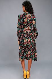 Retro Ready Black Floral Print Long Sleeve Midi Dress In 2020 Long Sleeve Midi Dress Dresses Long Sleeve Midi
