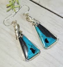Blue Opalized Earrings, Petrified Wood Earrings, Blue Opalized Sterling  Silver Wire Wrapped Earrings , Handmade Earrings GE36, Gift for Her