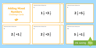 Fractions and mixed worksheet for adding fractions with denominators that are the same; Adding Mixed Numbers Challenge Cards Math Twinkl Usa