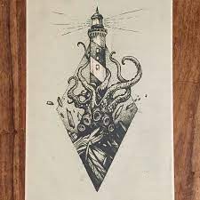 One of the famous stories about the squid in kraken, who was supposed to be huge and beset ships in the sea. Action Packed Fantasy Penandink Drawing From Tomtomtatts Of A Lighthouse Shining In The Darkness Despite Its O Nautical Tattoo Kraken Tattoo Monster Tattoo