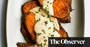 Nigel Slater S Baked Sweet Potato With Harissa And Soured Cream Recipe Baking Sweet Cream Recipes Baked Sweet Potato