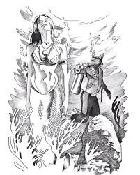 Black And White Mermaid Drawing Mermaid Scuba Driver Black White Drawing Art Mermaid Drawings Art Drawings Black And White Drawing
