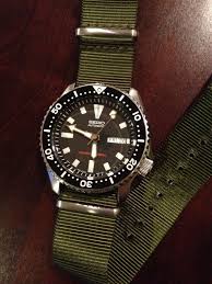 Seiko Skx173 On Olive Nato Strap My Newest Watch I Will Pass This Watch On To My Kids Someday Watches For Men Dive Watches Seiko Watches