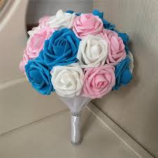 Search for artificial plants, artificial flowers, silk flowers online? Turquoise White Pink Bridal Bouquet Fake Roses Vanrina