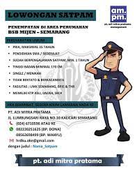 Halaman 1 dari 204 lowongan. Lowongan Kerja Satpam Penempatan Area Perumahan Bsb Mijen Semarang Juli 2019 Pt Adi Mitra Pratama Loker Swasta