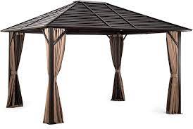 Pamapic 10'x12' patio gazebo canopy iron hardtop gazebos with mosquito net and curtains, outdoor gazebos with aluminum frame for garden, courtyard, lawn (brown. Amazon Com Pamapic 10 X12 Patio Gazebo Canopy Iron Hardtop Gazebos With Mosquito Net And Curtains Outdoor Gazebos With Aluminum Frame For Garden Courtyard Lawn Brown Garden Outdoor