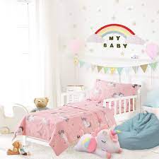 Amazon Com Uozzi Bedding Unicorn 4 Pieces Toddler Bedding Set With Colorful Rainbow Stars Pink Cute Girls Toddler Bed Comforter Sheet Set And Pillowcases Kitchen Dining