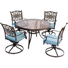 Hanover Traditions 5 Piece Aluminum Outdoor Dining Set With Round Glass Top Table And Swivel Chairs With Natural Oat Cushions Traddn5pcswg The Home Depot Outdoor Dining Set Outdoor Furniture Sets Patio Dining Set