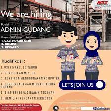 Senyum pesona timur serpong tangerang untuk jakarta barat dengan posisi sebagai kasir, spg/spm dan gudang untuk lulusan sma/smk sederajat terbaru. Lowongan Kerja Admin Gudang Dealer Honda Nusantara Sakti Sawah Besar
