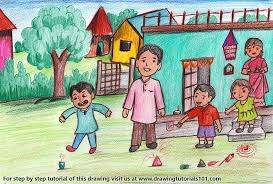 Diwali Scene Diwali Drawing Diwali Painting Family Drawing