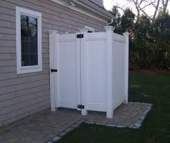 Privacy Vinyl Fence Used As Trash Or Outdoor Shower Enclosure Outdoor Shower Kits Outdoor Bathrooms Outdoor Shower