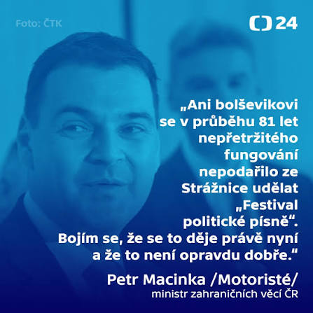 Na folklórním festivalu ve Strážnici dnes část publika vypískala a vybučela ministra zahraničí Petra Macinku /Motoristé/. Stalo se tak poté, co se na festivalu včera objevil také ministr kultury Oto Klempíř /nestr.