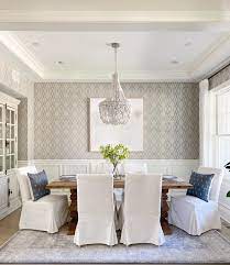 Accent wall ideas are really useful in dining rooms if you can use them on the wall opposite the door to the space to frame the dining table in a dramatic way. Transitional Dining Room Wallpaper And Raised Panels Dining Room Wallpaper Dinning Room Wallpaper Geometric Wallpaper Dining Room