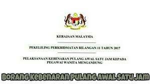 Di sesetengah tempat, cuti bersalin boleh dikongsi oleh suami isteri. Borang Kebenaran Pulang Awal Satu Jam Penjawat Awam Wanita Mengandung