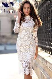 Women White Long Sleeve Bodycon Lace Dress White Lace Midi Dress Lace White Dress Floral Lace Bodycon Dress