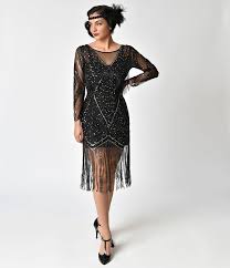 Black Gold Beaded Sheer Long Sleeve Betty Flapper Dress Vintage Style Fashion Clothing And Outfits 1920s Fashion Dresses Black Flapper Dress 20s Dresses