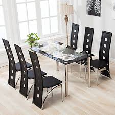 4 Family 7 Piece Dining Set Glass Table 6 Leather Chairs Kitchen Furniture Black Rectangular Dining Room Table Glass Dining Table Set Sofa Dining Table