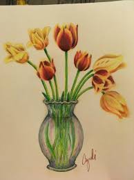 colored pencil drawing original flowers tulip flowers in vase | eBay