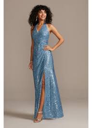 Hair like this is perfect for the ladies who want to show off their unique style but keep in with the dress code. Sequin Halter Dress With Side Ruching And Slit David S Bridal
