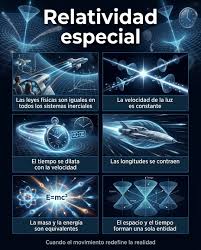 La relatividad especial, formulada por Einstein en 1905, revolucionó la forma en que entendemos el espacio y el tiempo. Parte de dos principios fundamentales: las leyes de la física son las mismas