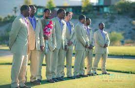 Groom Groomsmen Khaki Linen Suit Purple Shirt Tie Wedding Ceremony Purple Wedding Las Vegas Golf Course Wedding Purple Wedding Las Vegas Weddings