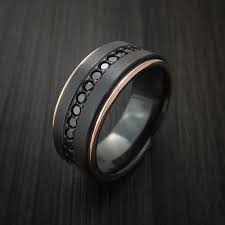 Black Zirconium And 14k Rose Gold Band With Black Diamonds Custom Made Ring Rings For Men Thin Diamond Wedding Band Black Rings