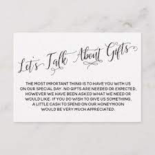 Elegant Script Let S Talk About Gifts Wedding Enclosure Card Zazzle Com In 2021 Wedding Enclosure Cards Wedding Announcements Wording Wedding Info Card