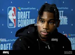 Blake Wesley talks with reporters during the NBA basketball draft combine  at the Wintrust Arena Thursday, May 19, 2022, in Chicago. (AP Photo/Charles  Rex Arbogast Stock Photo