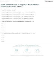Quiz Worksheet How To Assign Oxidation Numbers To Elements In A Chemical Formula Study Com