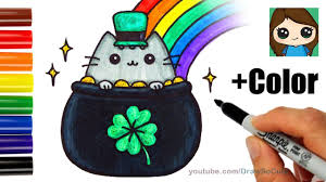 How To Draw Saint Patrick S Day Pusheen Cat Easy With Coloring St Patricks Day Cards Pusheen Cat Easy Cartoon Drawings