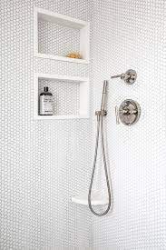 Large format means fewer tiles used and fewer grout lines. White Penny Tiles With Gray Grout Design Ideas