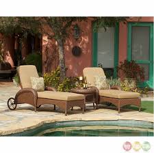 Texture, warmth and good looks that endure. Villanova 3 Piece Weather Resistant Wicker Outdoor Chaise Lounge Set