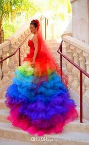 Colorful Ball Gown Wedding Dresses Rainbow Colored Tiered Skirts Sweep Train Organza Bridal Gowns Vestido D Rainbow Wedding Dress Rainbow Dress Rainbow Wedding