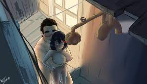 1boy 1girls age difference animated ass bathroom big breasts  breast press completely nude cowgirl position curvy fat man female form  behind position from behind huge breasts kill la kill