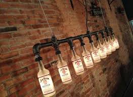 Decoration Rustic Brick Wall Background Design With Decorative Wine Bottle Chandelier Also Minimalist Floating Shelves Un Bottle Lamp Bottle Lights Bar Decor