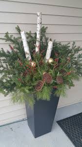 White Birch Pine Cones And Greens All Found In The Woods I Added Lotus Pods Fake Outdoor Christmas Planters Front Porch Christmas Decor Christmas Planters