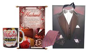 Find thoughtful birthday gift ideas for husband such as pizza of the month club, original stone drink dispenser, golf lesson with a pga pro. Birthday Gift Combo For Husband Scroll Card Mens Necktie Coffee Mug With Printed Paper Carry Bag