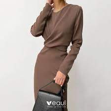 Long sleeve maxi dresses to coverup in during the colder seasons. Modest Simple Brown Casual Maxi Dresses 2021 Scoop Neck Long Sleeve Tea Length Womens Clothing