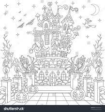 Halloween Coloring Page Spooky Castle Halloween Pumpkins Flying Bats Witch Gothic Statues Of Dragons Moo Weihnachtsmalvorlagen Malvorlagen Tiere Ausmalen