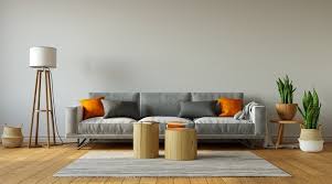 Du bist auf der suche nach neuen möbeln für dein zuhause? Premium Photo Gray Sofa With Orange Pillows In Simple Living Room Interior 3d Rendering