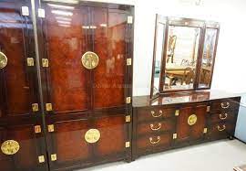 Check spelling or type a new query. Lot 3 Piece White Furniture Company Asian Influenced Bedroom Set Headboard And Attached Cabinets With Mirrored Back Measures 116 1 2 Inches Wide And 79 Inches Tall Low Chest With Triple Mirror