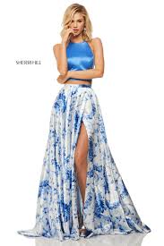 Sherri Hill 52894 Blue Ivory Print Two Piece Dress Sherri Hill Prom Dresses Long Sherri Hill Prom Dresses Top Prom Dresses